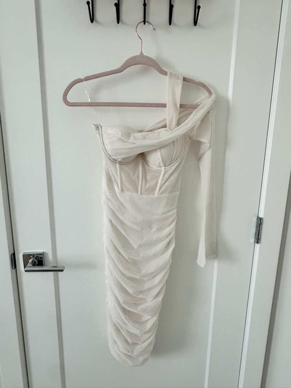 Oh Polly Ivory One-Shoulder Ruched Corset Midi Dress